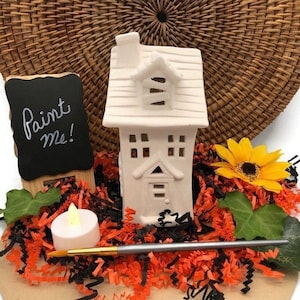 Haunted House Light Up, DIY Halloween Craft, Unpainted Ceramic Bisque Blank, Ready to Paint Pottery, Tea Light Votive Holder