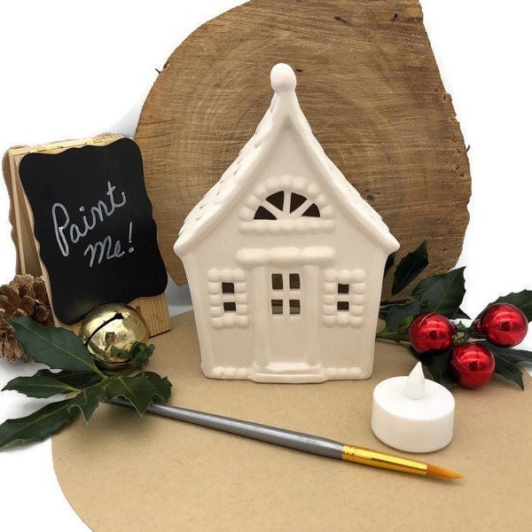 Gingerbread House Votive Holder for Tea Light Candle, Ready to Paint Pottery, Ceramic Bisque, DIY Christmas Craft and Holiday Decor