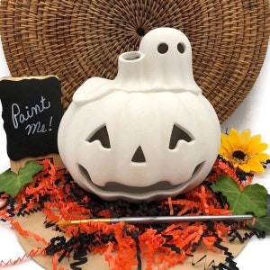 Pumpkin and Ghost Light Up, Halloween Ceramic Bisque, Ready to Paint Pottery, DIY Fall Time Project