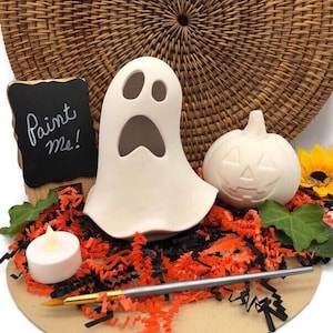 Juego de luces de calabaza y fantasma, espacios en blanco de bisque de cerámica sin pintar, cerámica lista para pintar, proyecto de manualidades de Halloween DIY