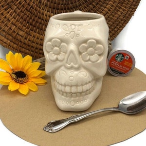 Sugar Skull Mug in Soft White, Hand Painted