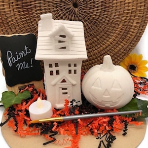 Haunted House and Pumpkin Set, Unpainted Ceramic Bisque Blanks, Ready to Paint Pottery, DIY Halloween Craft Project