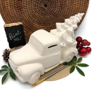 Vintage Pickup Truck with Tree Light Up Set, Christmas Ceramic Bisque, Ready to Paint Pottery, DIY Keepsake Craft Project