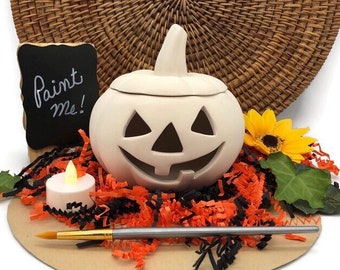 Pumpkin Votive Light Holder, Halloween Jackolantern Ceramic Bisque, Ready to Paint Pottery, DIY Arts and Crafts Pumpkin Painting Project