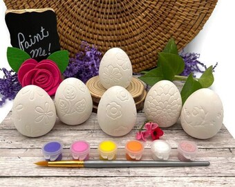 Easter Egg Paint Kit, Set of 6 Textured Eggs, Ceramic Blanks with Acrylics and Brush, DIY Craft Project