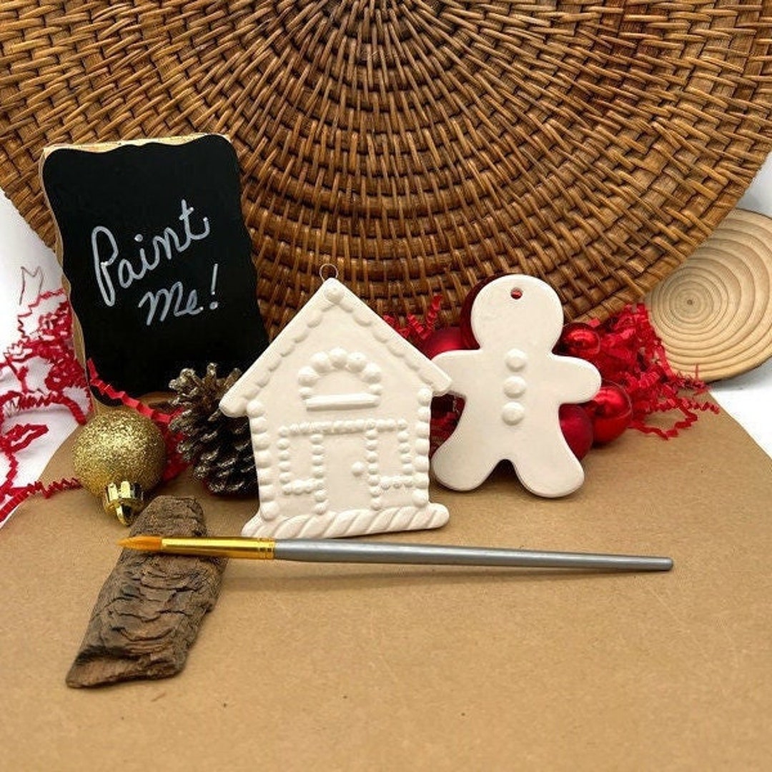 Gingerbread House and Gingerbread Boy Ornament Set, Unpainted Ceramic
