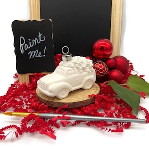 Pick Up Truck Ornament with Christmas Tree, DIY Ornament Painting Craft Project, Unpainted Ceramic Bisque Blank, Ready to Paint