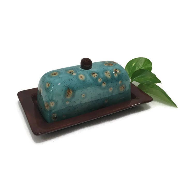 Butter Dish Teal Blue and Brown