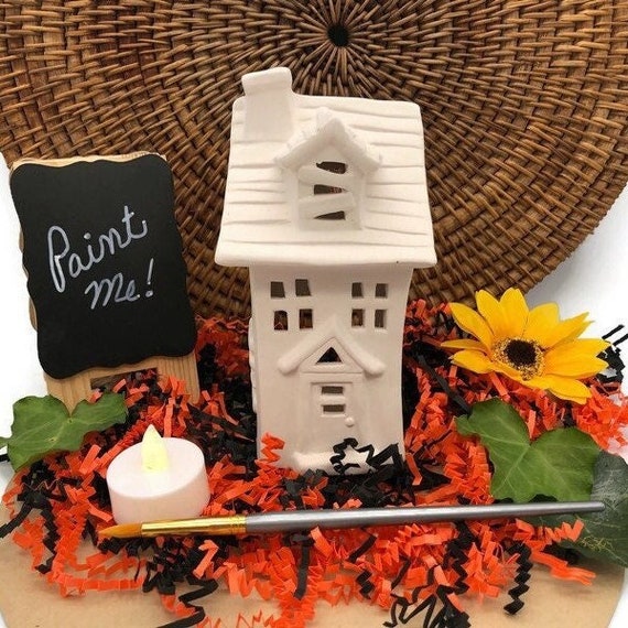 Haunted House Light Up, DIY Halloween Craft, Unpainted Ceramic Bisque Blank, Ready to Paint Pottery, Tea Light Votive Holder