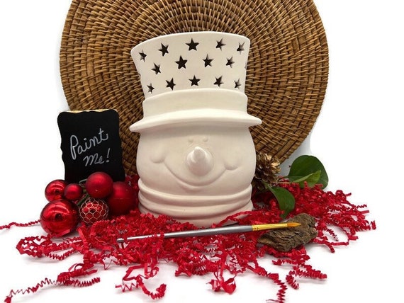 Ready to Paint Ceramic Bisque Illuminated Christmas Snowman Lantern Night Light Handmade in The USA 