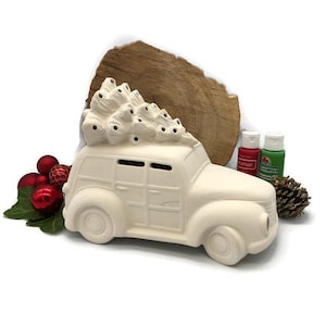 Woody Wagon Car with Christmas Tree Light up, Ceramic Bisque, Ready to Paint Pottery, DIY Craft Project, Vintage Car