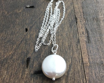 Coin Pearl Necklace, Fresh Water Coin Pearl Necklace, on Sterling Silver