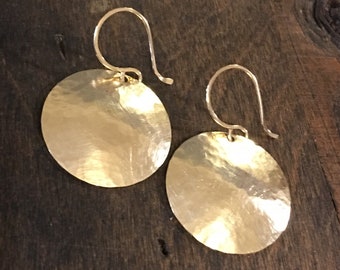 Gold Earrings, Brass Hammered and Domed Disks on Hand Made 14k Gold Filled Ear Wires, Gold Geometric Earrings, Round Earrings, Circles