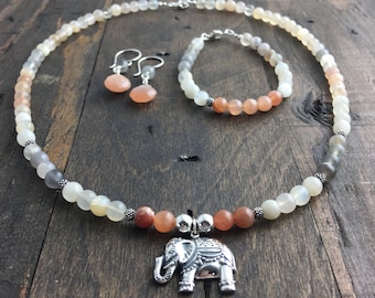 Lucky Indian Elephant Moonstone Set, Boho Jewelry, Hippie Necklace, Feminine Jewelry Set, Grey Moonstone, Peach Moonstone