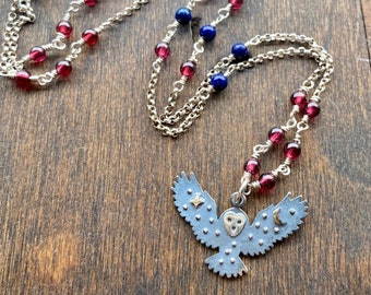 Owl, Moon and Stars Necklace, Garnet, Lapis and Sterling Silver Necklace