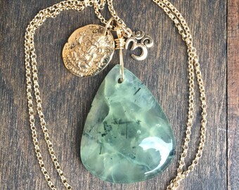 Ganesh Om Prehnite Necklace on 14k Gold Fill, Boho Jewelry, Hippie Necklace,