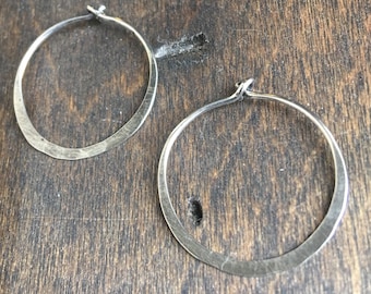 Rustic Sterling Silver Hoops, Flattened and Oxidized