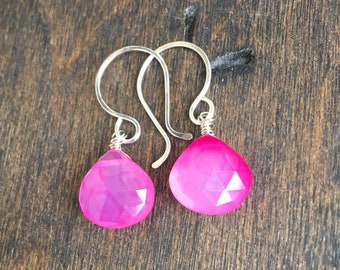 Hot Pink Chalcedony Earrings, Pink Dangle Drop Earrigs on Sterling Silver