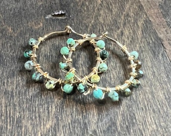 African Turquoise and 14k Gold Fill Hoops