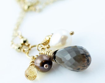 Smokey Quartz, Pyrite, Pearl, and Citrine on 14k Gold Filled Necklace, ooak