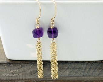 Amethyst Earrings, Tassel Earrings, Gold earrings