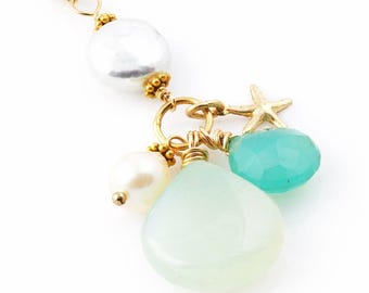 Aqua Chalcedony Starfish Necklace: 14k Gold Filled, Freshwater Pearl Beach Jewelry