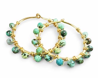 African Turquoise Hoop Earrings, Gold Filled Hoops, Faceted Stone Jewelry