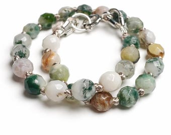 Moss Agate Hand Knotted on Beige Silk Bracelet