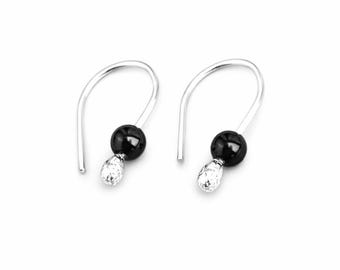 Minimalist Black Onyx Sterling Silver Horseshoe Earrings, Threader