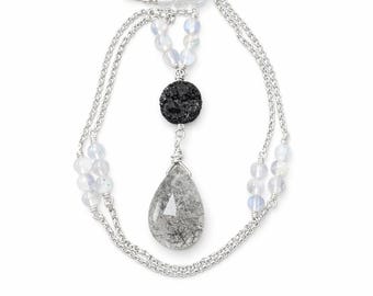 Rutilated Quartz & Black Druzy Necklace: Sterling Silver Moonstone Chain