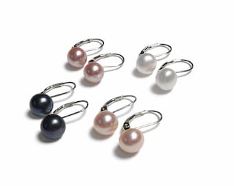 Freshwater Pearl Earrings, Sterling Silver Leverback, White Pink Lavender Black Pearls