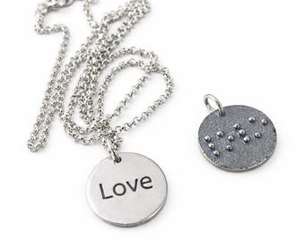Sterling Silver Braille Necklace: 'Love' Charm Pendant