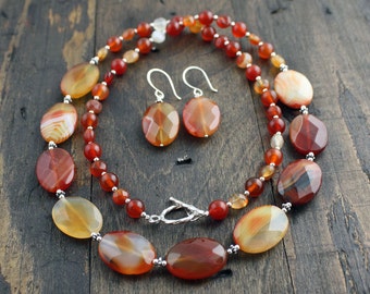 Carnelian Necklace and Earrings Set, Burnt Orange, Brown, White and Silver Necklace, Dangle Earrings, Matching Gemstone Set