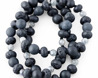 Hand Knotted Lava, Onyx & Labradorite Necklace - 27 inch
