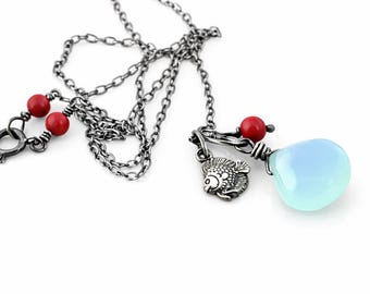 Mermaid Necklace, Aqua Chalcedony and Red Coral With a Little Fish Charm, Ship Wrecked