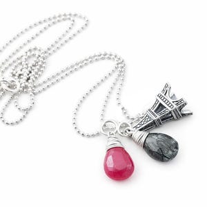 Sterling Silver Eiffel Tower Necklace: Ruby & Rutilated Quartz, Paris Travel Charm