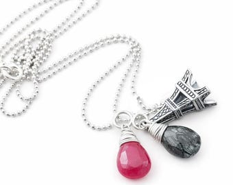 Sterling Silver Eiffel Tower Necklace: Ruby & Rutilated Quartz, Paris Travel Charm