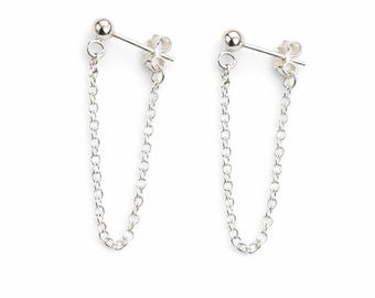 Sterling Silver Stud Earrings with Chain Back: Dainty Ball Studs