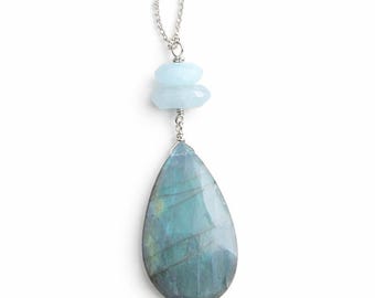 Labradorite and Aquamarine Necklace, Talisman, Blue Flashy Gemstone Necklace on Sterling Silver