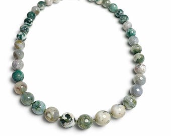 Moss Agate Hand Knotted On Green Silk Necklace