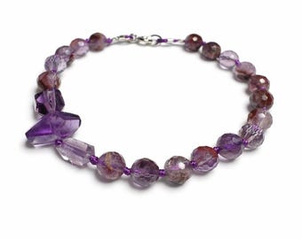 Amentrine and amethyst Hand Knotted on purple Silk Bracelet