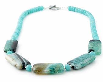 Aqua Agate and Jade Necklace With Sterling Silver Accents and Clasp