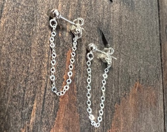 Silver Stud With Chain, Sterling Silver Stud with Connecting Chain To Back