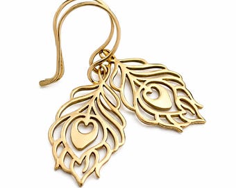 Bronze Peacock Feather Earrings: 14k Gold Filled Earwires
