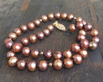 Brown and Gold Knotted Fresh Water Pearl Necklace