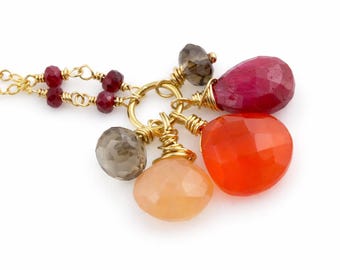 Ruby, Peach Moonstone, Smokey Quartz, and Carnelian on 14k Gold Filled Necklace, ooak