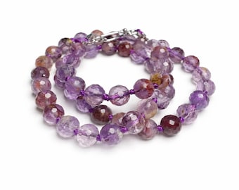 Amentrine Crystal Necklace - Boho Spiritual Jewelry, Hand Knotted On purple Silk Choker Necklace