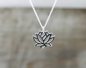 Silver Lotus Necklace, Sterling Silver Necklace, Lotus Pendant, Yoga Necklace, Namaste, Lotus Blossom Necklace, Layering Necklace