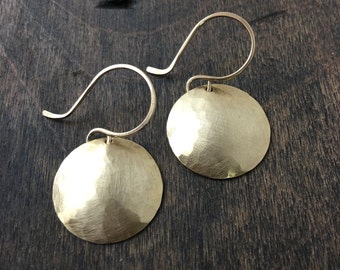 Gold Earrings, Brass Hammered and Domed Disks on Hand Made 14k Gold Filled Ear Wires, Gold Geometric Earrings, Round Earrings, Circles