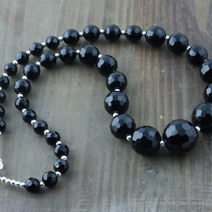 Faceted Onyx and Sterling Silver Necklace: Graduated Black Crystal Jewelry